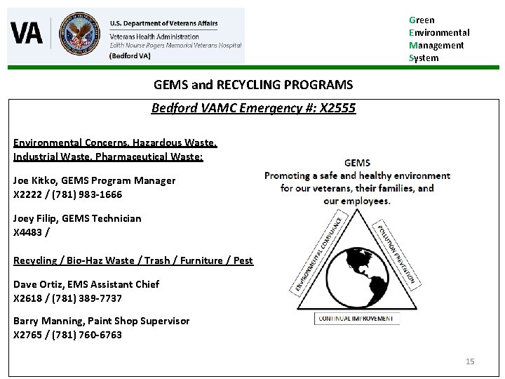 Green Environmental Management System GEMS and RECYCLING PROGRAMS Bedford VAMC Emergency #: X 2555