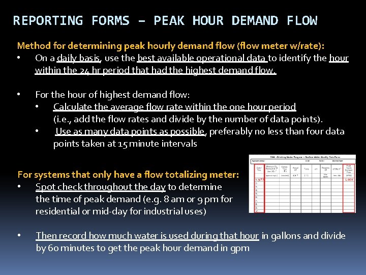 REPORTING FORMS – PEAK HOUR DEMAND FLOW Method for determining peak hourly demand flow REPORTING FORMS – PEAK HOUR DEMAND FLOW Method for determining peak hourly demand flow