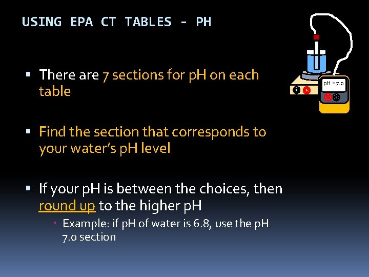 USING EPA CT TABLES - PH There are 7 sections for p. H on USING EPA CT TABLES - PH There are 7 sections for p. H on