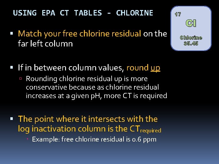 USING EPA CT TABLES - CHLORINE Match your free chlorine residual on the far USING EPA CT TABLES - CHLORINE Match your free chlorine residual on the far