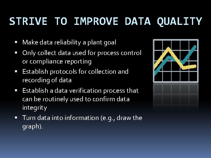 STRIVE TO IMPROVE DATA QUALITY Make data reliability a plant goal Only collect data STRIVE TO IMPROVE DATA QUALITY Make data reliability a plant goal Only collect data