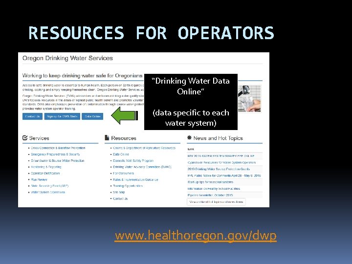 RESOURCES FOR OPERATORS “Drinking Water Data Online” (data specific to each water system) www. RESOURCES FOR OPERATORS “Drinking Water Data Online” (data specific to each water system) www.