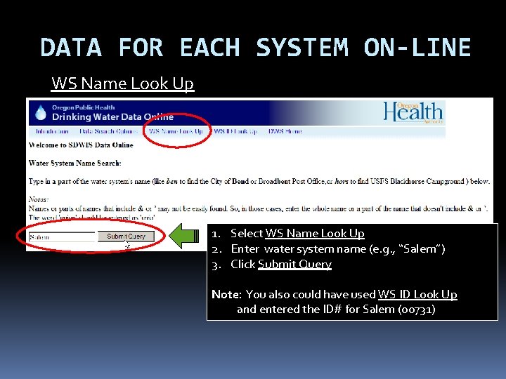 DATA FOR EACH SYSTEM ON-LINE WS Name Look Up 1. Select WS Name Look DATA FOR EACH SYSTEM ON-LINE WS Name Look Up 1. Select WS Name Look