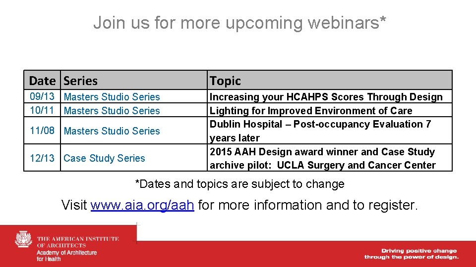 Join us for more upcoming webinars* Date Series Topic 09/13 Masters Studio Series 10/11