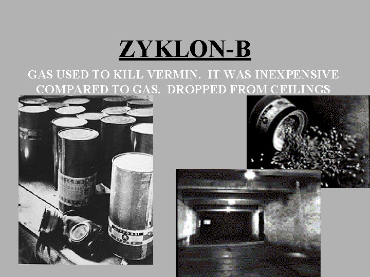 ZYKLON-B GAS USED TO KILL VERMIN. IT WAS INEXPENSIVE COMPARED TO GAS. DROPPED FROM