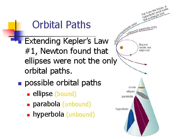 Orbital Paths n n Extending Kepler’s Law #1, Newton found that ellipses were not