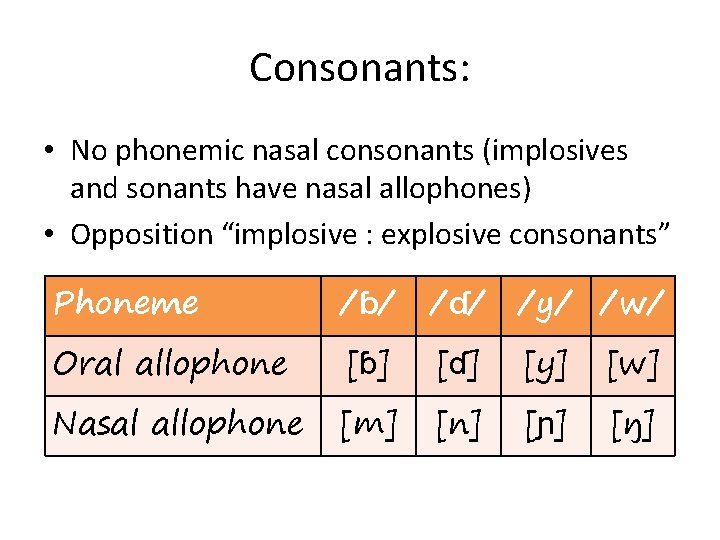 Consonants: • No phonemic nasal consonants (implosives and sonants have nasal allophones) • Opposition