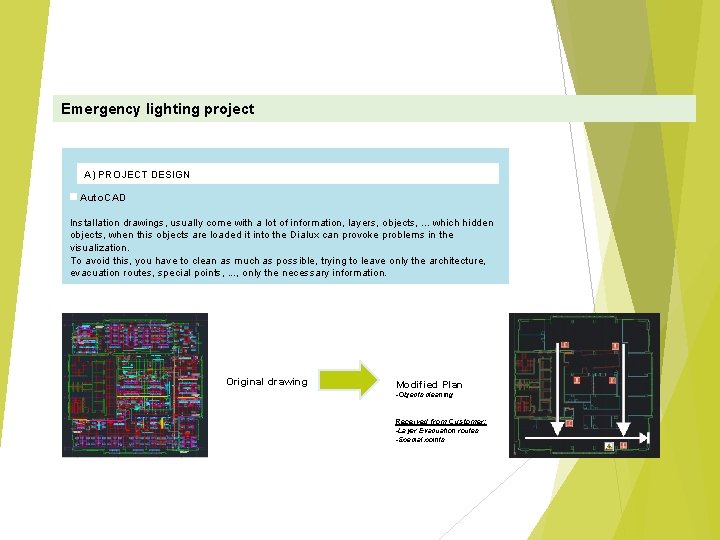 Emergency lighting project A) PROJECT DESIGN Auto. CAD Installation drawings, usually come with a