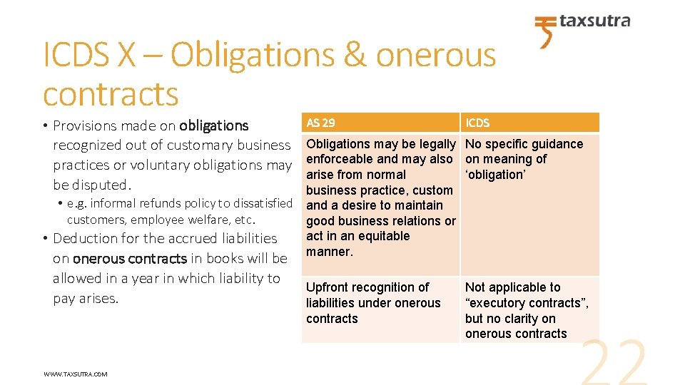 ICDS X – Obligations & onerous contracts • Provisions made on obligations recognized out