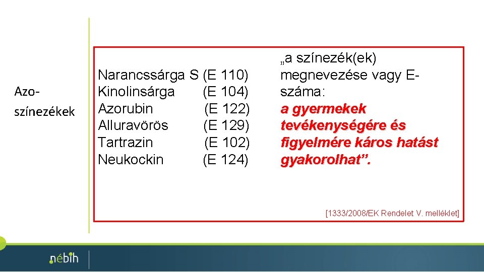 Azoszínezékek Narancssárga S (E 110) Kinolinsárga (E 104) Azorubin (E 122) Alluravörös (E 129)