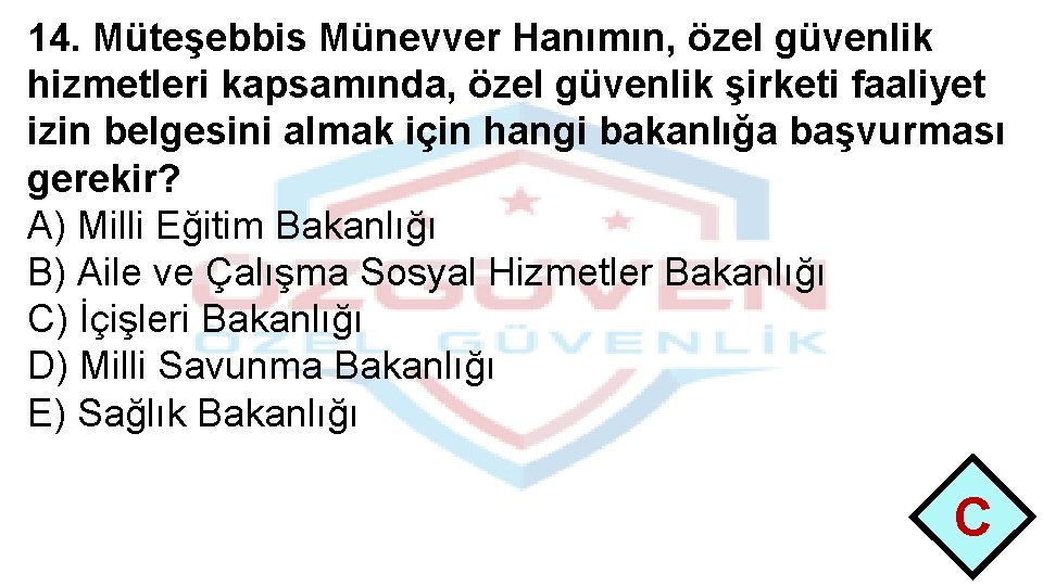 14. Müteşebbis Münevver Hanımın, özel güvenlik hizmetleri kapsamında, özel güvenlik şirketi faaliyet izin belgesini