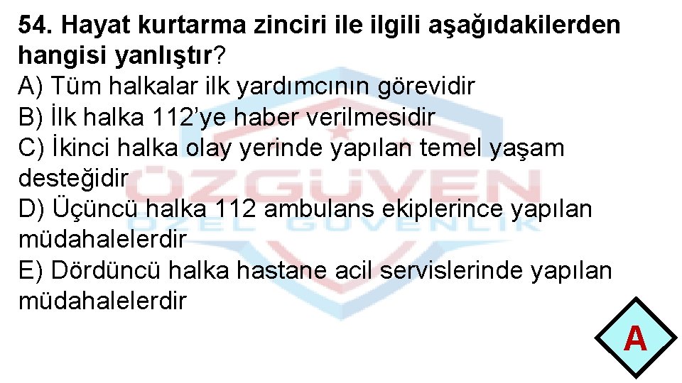 54. Hayat kurtarma zinciri ile ilgili aşağıdakilerden hangisi yanlıştır? A) Tüm halkalar ilk yardımcının