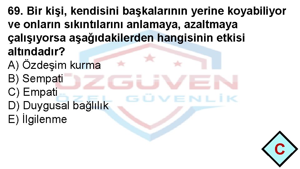 69. Bir kişi, kendisini başkalarının yerine koyabiliyor ve onların sıkıntılarını anlamaya, azaltmaya çalışıyorsa aşağıdakilerden