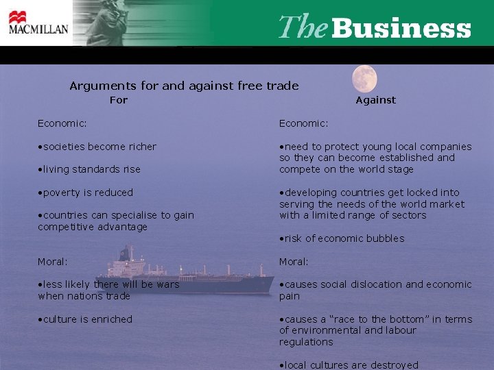 Arguments for and against free trade For Against Economic: • societies become richer •