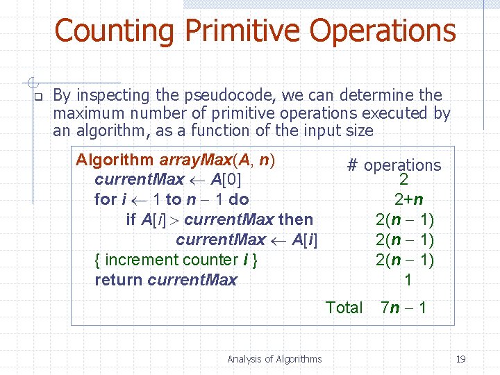 Counting Primitive Operations q By inspecting the pseudocode, we can determine the maximum number