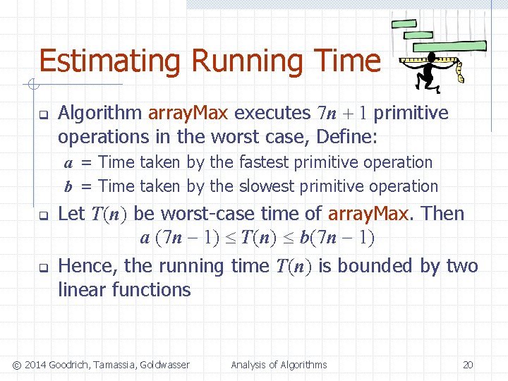 Estimating Running Time q Algorithm array. Max executes 7 n + 1 primitive operations