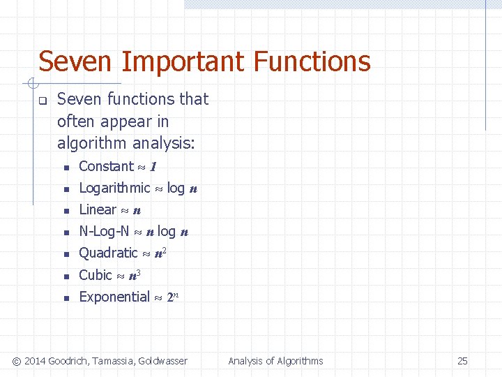 Seven Important Functions q Seven functions that often appear in algorithm analysis: n Constant