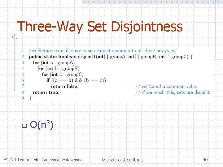 Three-Way Set Disjointness q O(n 3) © 2014 Goodrich, Tamassia, Goldwasser Analysis of Algorithms