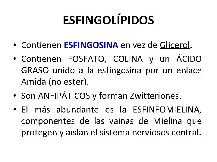 ESFINGOLÍPIDOS • Contienen ESFINGOSINA en vez de Glicerol. • Contienen FOSFATO, COLINA y un