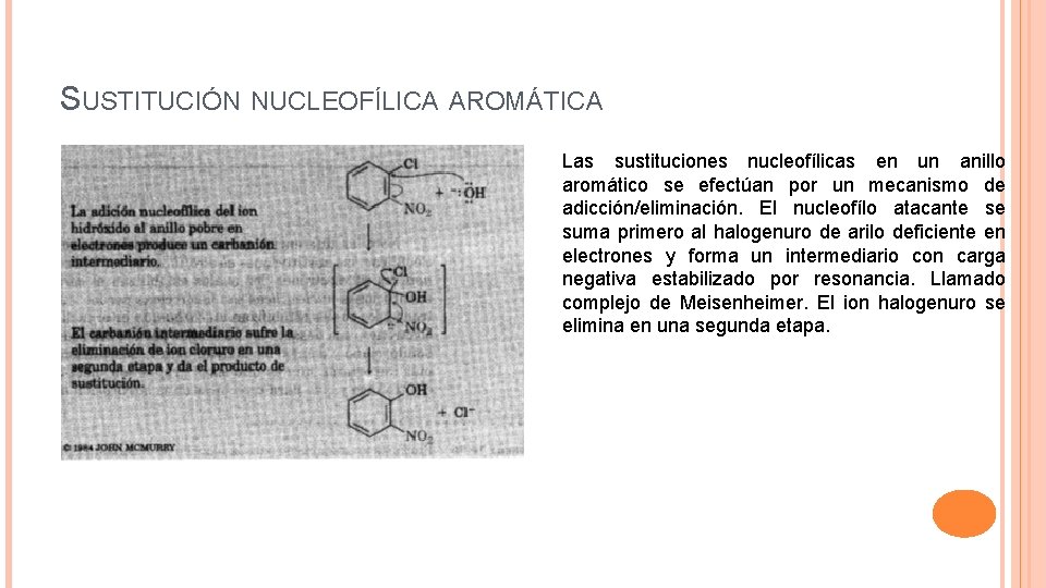 SUSTITUCIÓN NUCLEOFÍLICA AROMÁTICA Las sustituciones nucleofílicas en un anillo aromático se efectúan por un