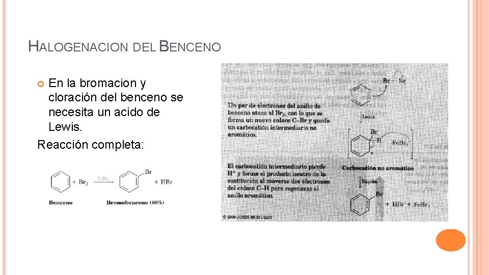 HALOGENACION DEL BENCENO En la bromacion y cloración del benceno se necesita un acido