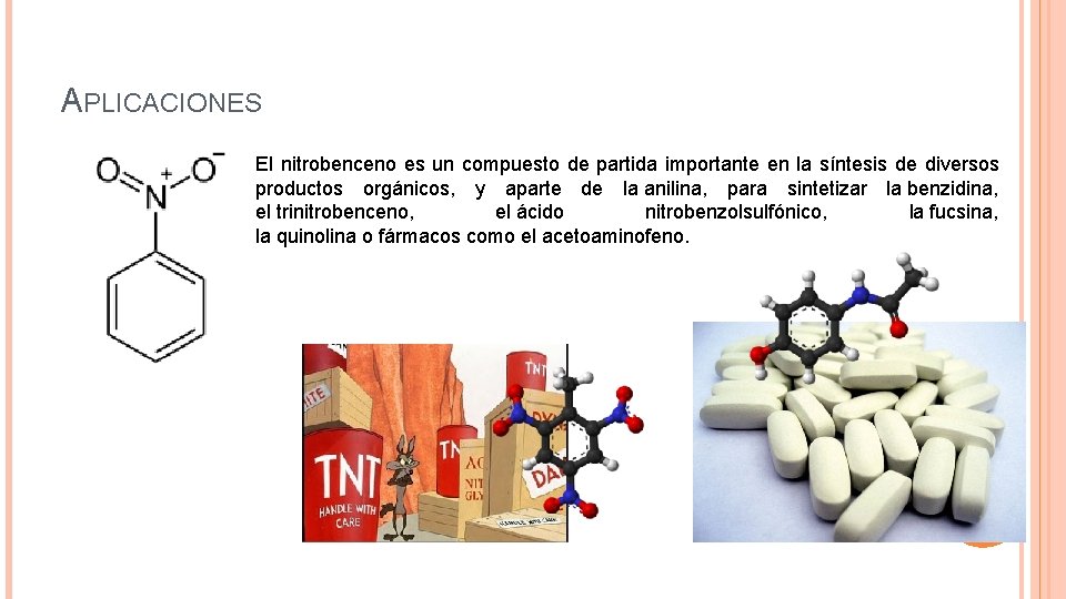 APLICACIONES El nitrobenceno es un compuesto de partida importante en la síntesis de diversos
