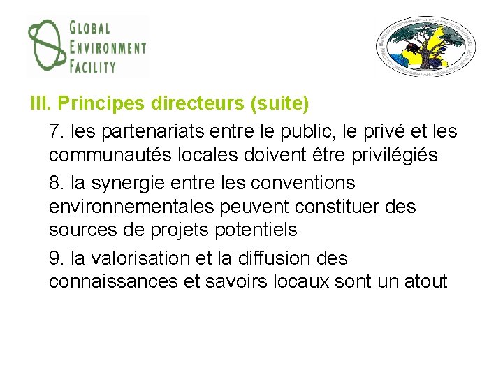 III. Principes directeurs (suite) 7. les partenariats entre le public, le privé et les