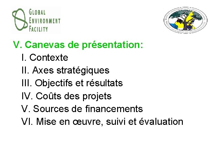 V. Canevas de présentation: I. Contexte II. Axes stratégiques III. Objectifs et résultats IV.