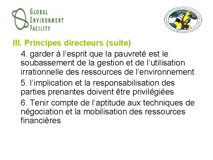 III. Principes directeurs (suite) 4. garder à l’esprit que la pauvreté est le soubassement