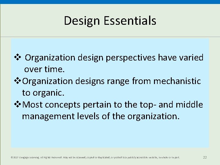 Design Essentials Organization design perspectives have varied over time. Organization designs range from mechanistic