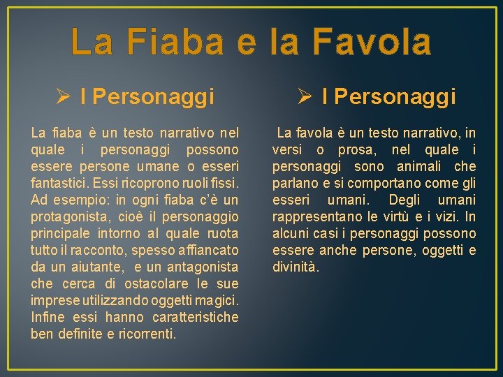 La Fiaba e la Favola Ø I Personaggi La fiaba è un testo narrativo