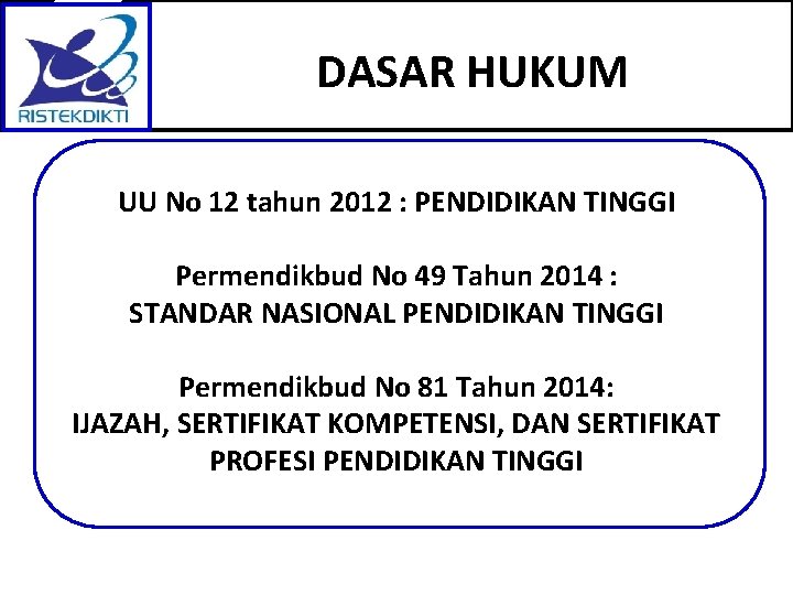 DASAR HUKUM UU No 12 tahun 2012 : PENDIDIKAN TINGGI Permendikbud No 49 Tahun