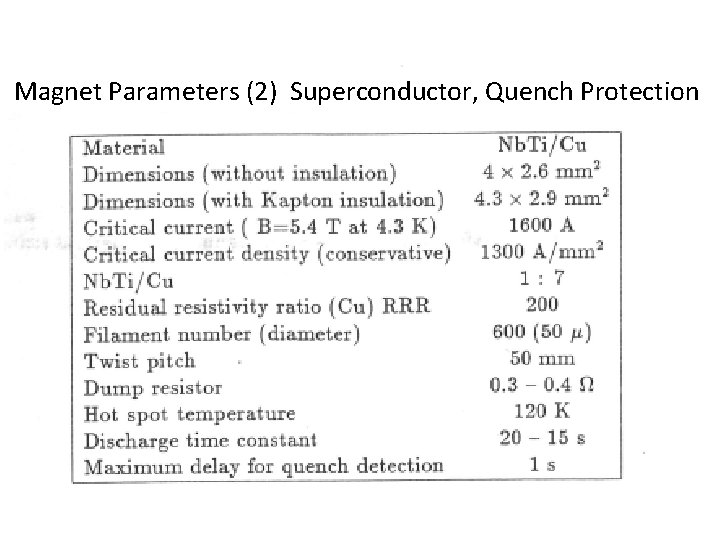 Magnet Parameters (2) Superconductor, Quench Protection 