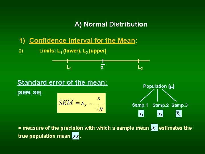 A) Normal Distribution 1) Confidence Interval for the Mean: 2) Limits: L 1 (lower),