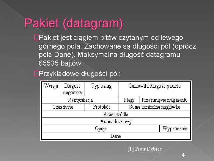 Pakiet (datagram) �Pakiet jest ciągiem bitów czytanym od lewego górnego pola. Zachowane są długości