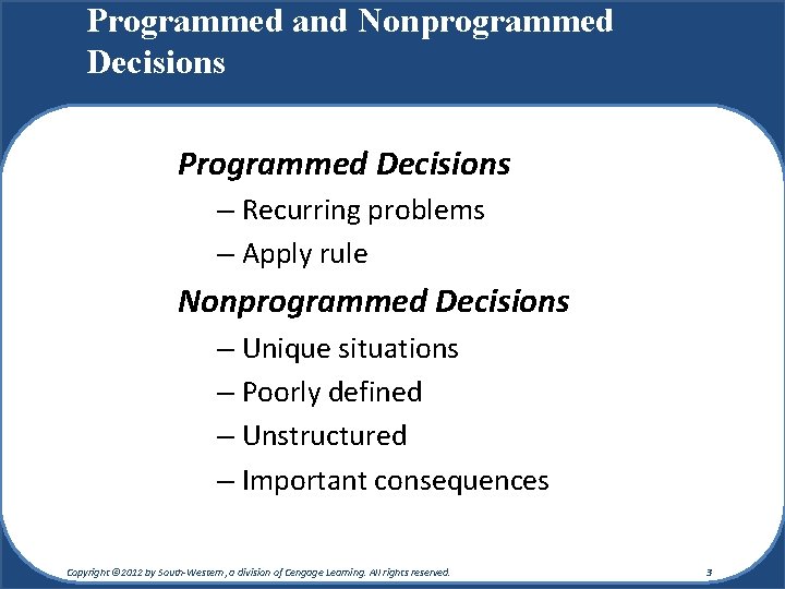 Programmed and Nonprogrammed Decisions Programmed Decisions – Recurring problems – Apply rule Nonprogrammed Decisions Programmed and Nonprogrammed Decisions Programmed Decisions – Recurring problems – Apply rule Nonprogrammed Decisions