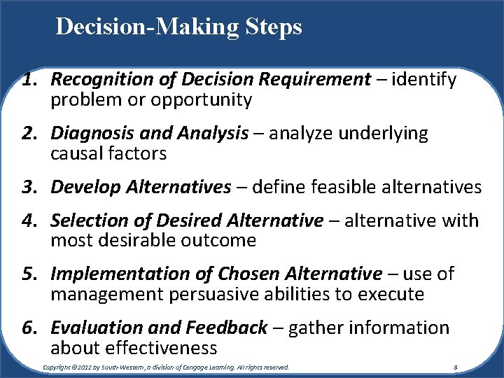 Decision-Making Steps 1. Recognition of Decision Requirement – identify problem or opportunity 2. Diagnosis Decision-Making Steps 1. Recognition of Decision Requirement – identify problem or opportunity 2. Diagnosis