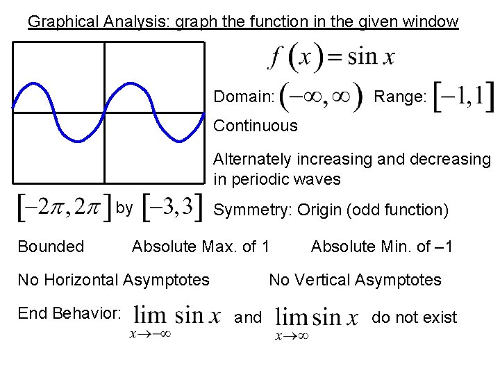 Graphical Analysis: graph the function in the given window Domain: Range: Continuous Alternately increasing