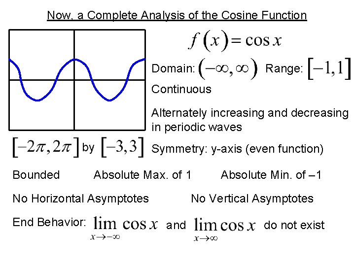 Now, a Complete Analysis of the Cosine Function Domain: Range: Continuous Alternately increasing and