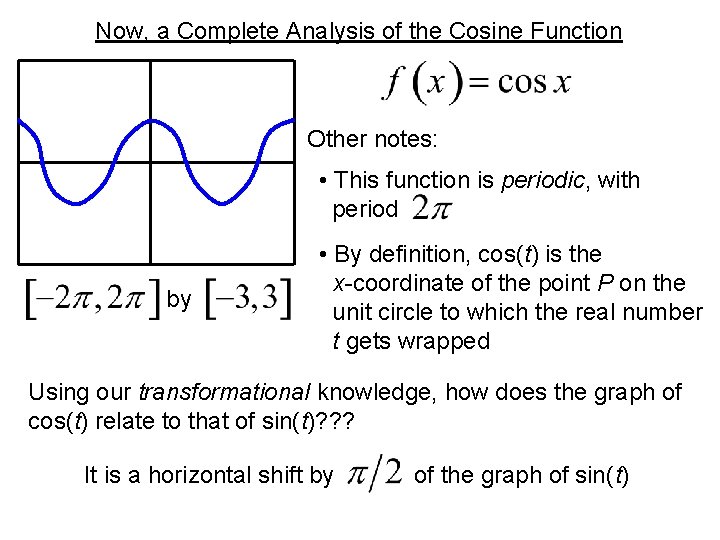 Now, a Complete Analysis of the Cosine Function Other notes: • This function is