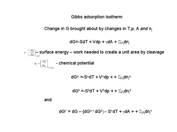 Gibbs adsorption isotherm Change in G brought about by changes in T, p, A