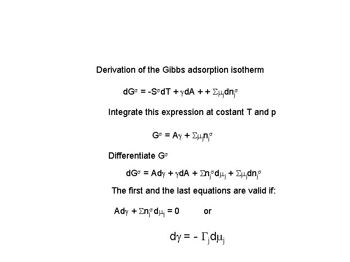 Derivation of the Gibbs adsorption isotherm d. Gs = -Ssd. T + gd. A