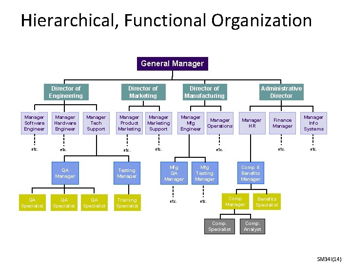 Hierarchical, Functional Organization General Manager Director of Engineering Manager Software Engineer etc. Manager Hardware