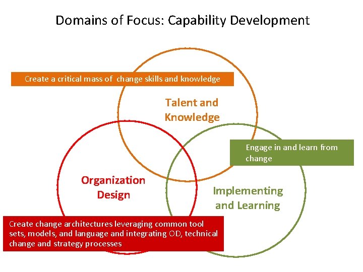 Domains of Focus: Capability Development Create a critical mass of change skills and knowledge