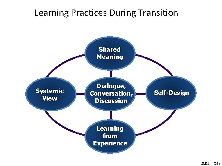 Learning Practices During Transition Shared Meaning Systemic View Dialogue, Conversation, Discussion Self-Design Learning from