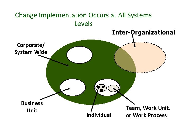 Change Implementation Occurs at All Systems Levels Inter-Organizational Corporate/ System Wide Business Unit Individual