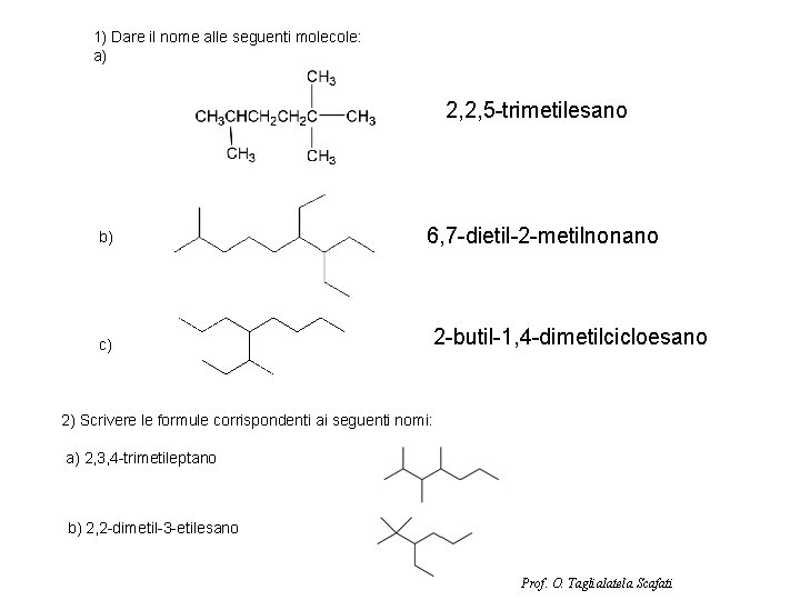 1) Dare il nome alle seguenti molecole: a) 2, 2, 5 -trimetilesano b) 6,