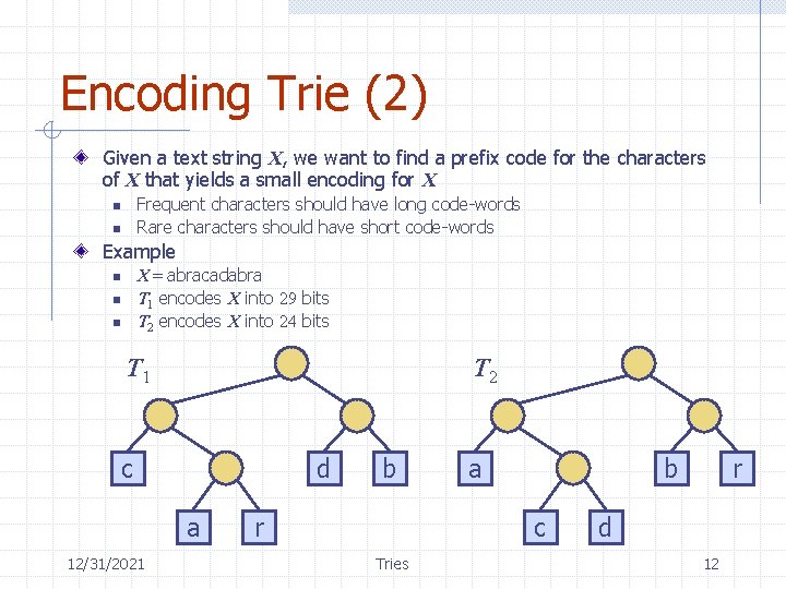Encoding Trie (2) Given a text string X, we want to find a prefix