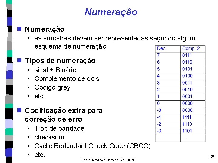 Numeração n Numeração • as amostras devem ser representadas segundo algum esquema de numeração
