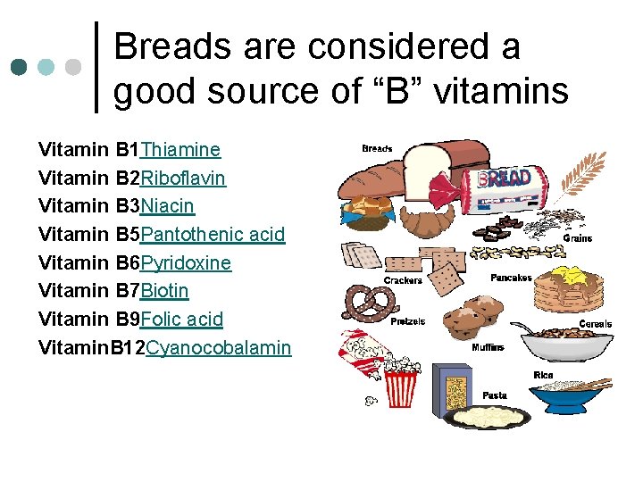 Breads are considered a good source of “B” vitamins Vitamin B 1 Thiamine Vitamin